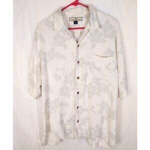 Tommy Bahama ivory silk tropical floral print button up shirt Large Vacation